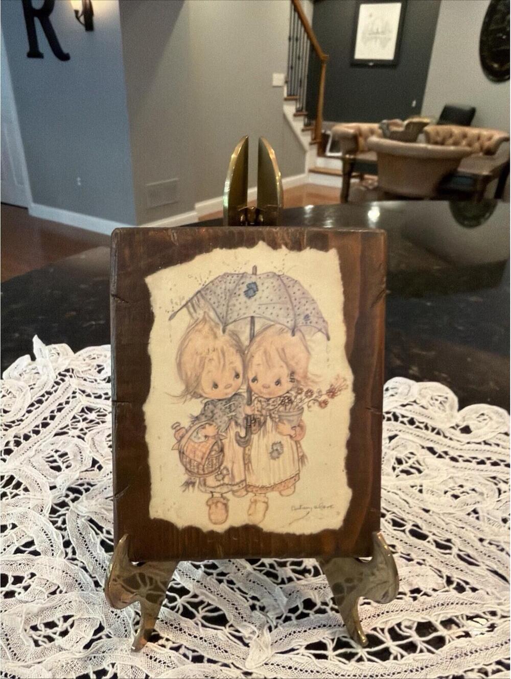 Vintage Betsy Clark Handmade Wood Plaque Picture 4X3